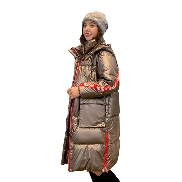 Fashion Metal Golden Silver Bright Hooded Jacket Coat Women's Winter Warm Cotton Padded Long Parkas New Bomber Streetwear Parka