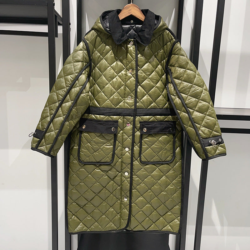 Autumn and winter grid quilted sleeves hooded lightweight jacket