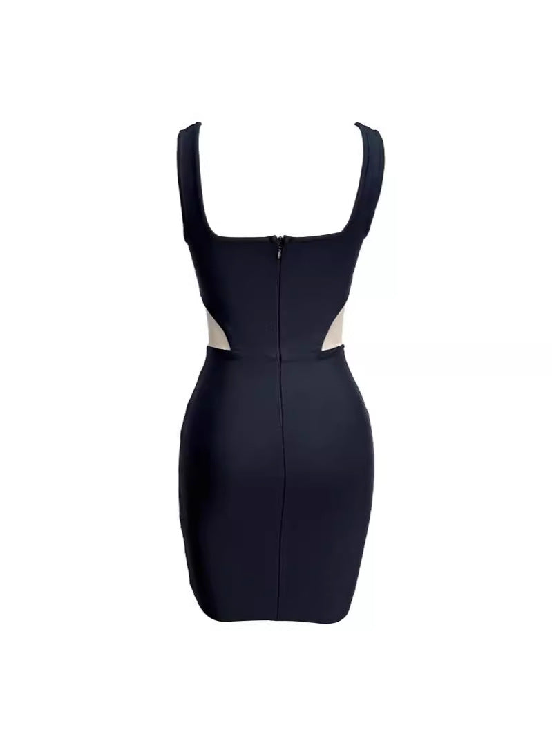 Black Sexy Sleeveless Square Neck Diamond Mesh Patchwork Tight Bandage Mini Dress Bodycon Celebrity Party Evening Dress