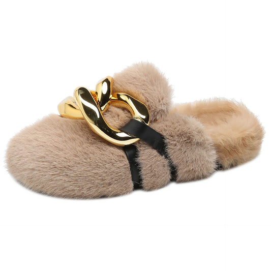 House of Hutson Original Black Fluffy Slippers with Gold Buckle