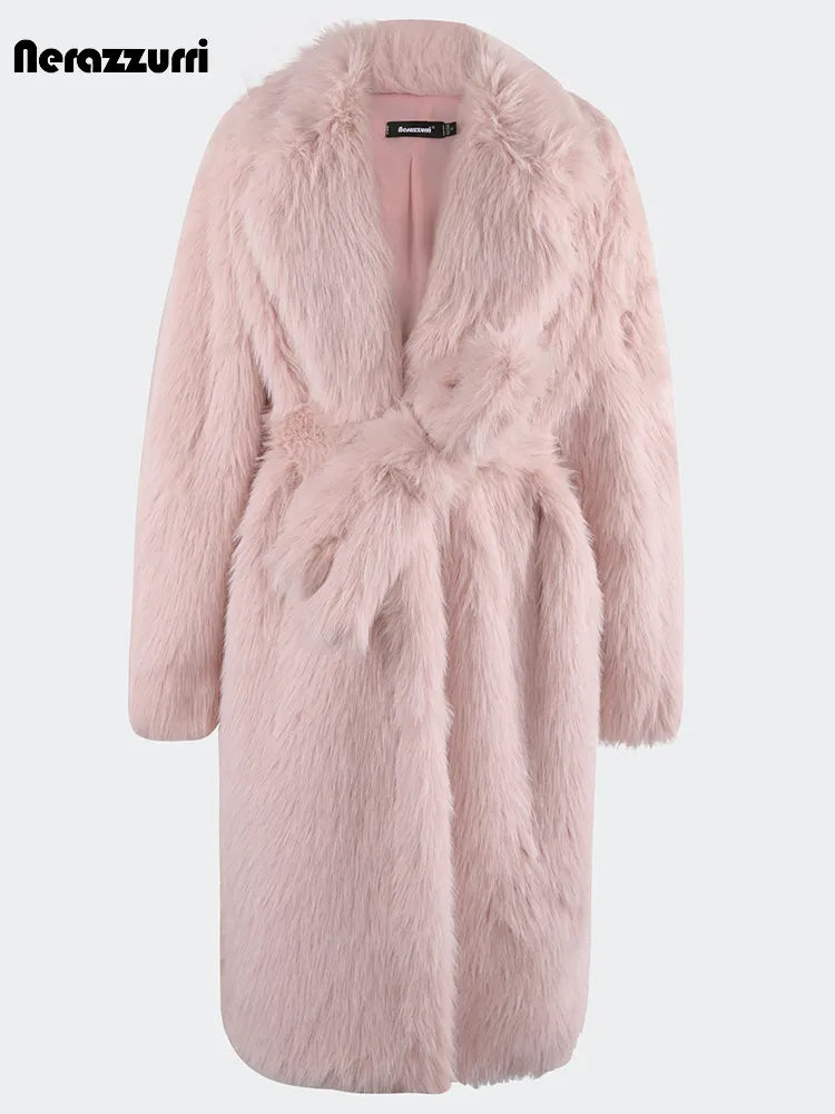 Nerazzurri Winter Long Oversized Pink Hairy Thick Warm Soft Faux Fur Coat Women Sashes High Quality Loose Casual Furry Overcoat