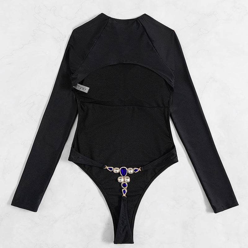 Long sleeved one-piece swimsuit long sleeved backless sexy swimsuit thong bright diamond one-piece swimsuit