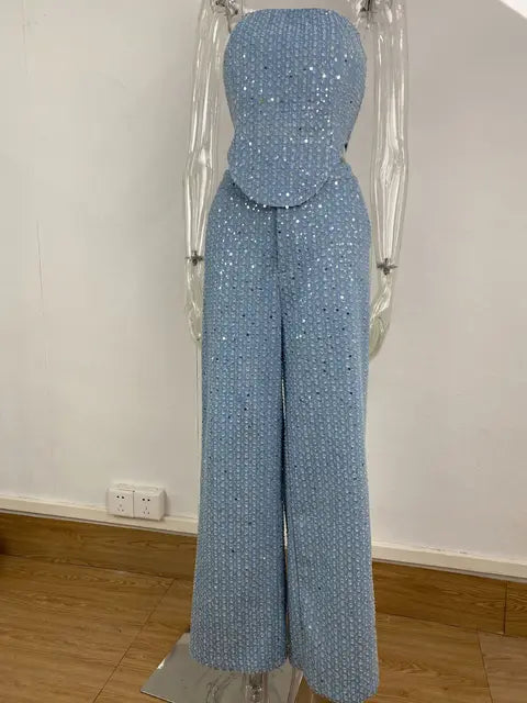 New Arrival Spring and Summer Cross-border Women's Sexy Denim Sequins Slim Fit Tube Top Wide-leg Pants