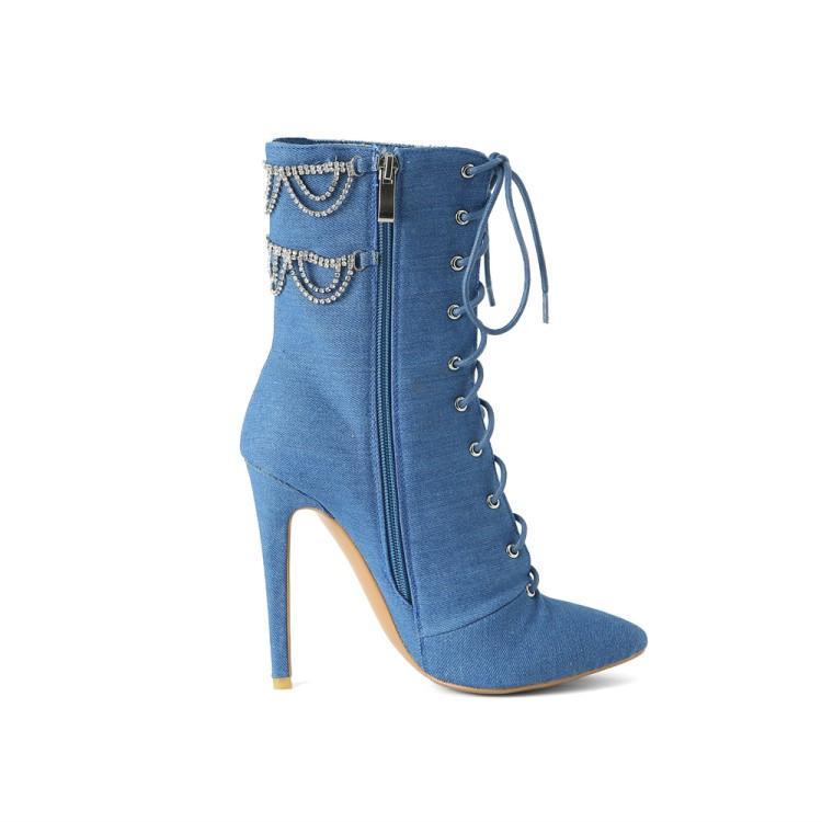 Rhinestone Chain Stiletto, Pointed Toe Women's Ankle Boots. Denim style.