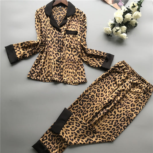 Lisacmvpnel Spring New Long Sleeve Pajamas Woman Ice Silk Fashion Leopard Print Sexy Pajama Set