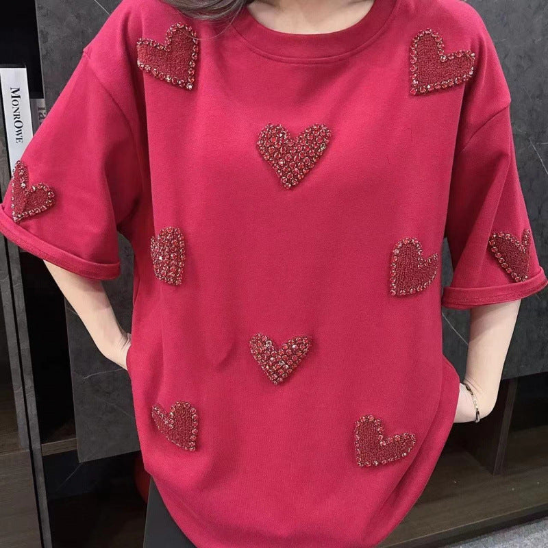 European goods heavy industry velvet inlaid diamond heart short sleeved T-shirt women's creative design base shirt top