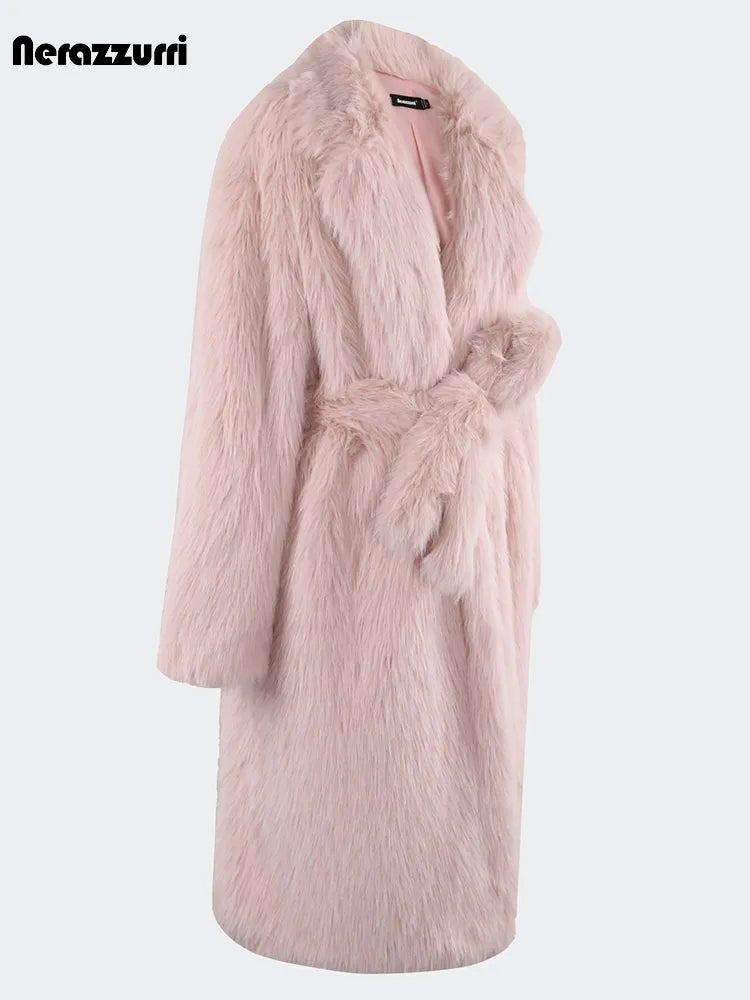 Nerazzurri Winter Long Oversized Pink Hairy Thick Warm Soft Faux Fur Coat Women Sashes High Quality Loose Casual Furry Overcoat