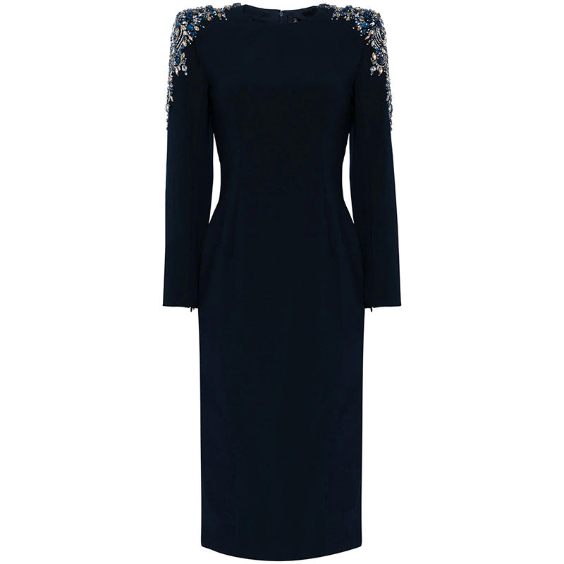 nail bead studded diamond long sleeved mid length dress