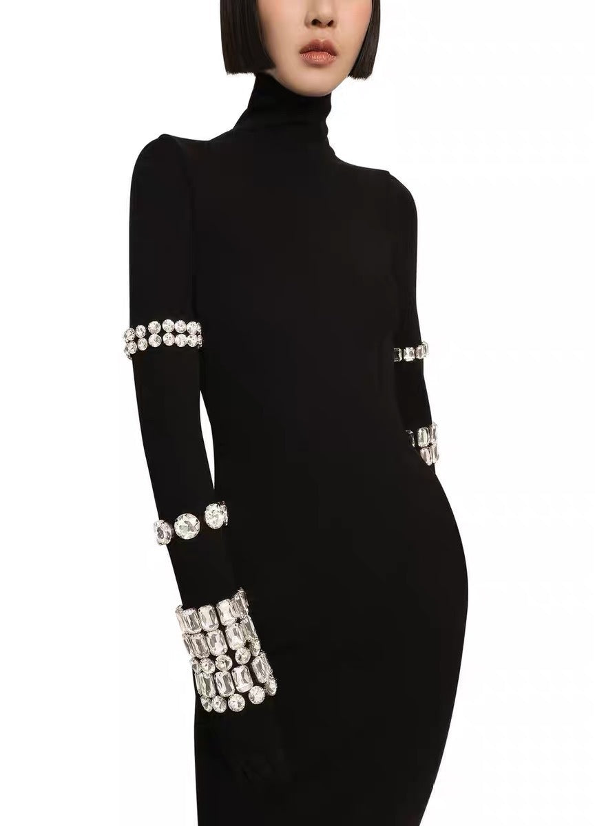 2025 Diamond black high neck long sleeved tight fitting dress