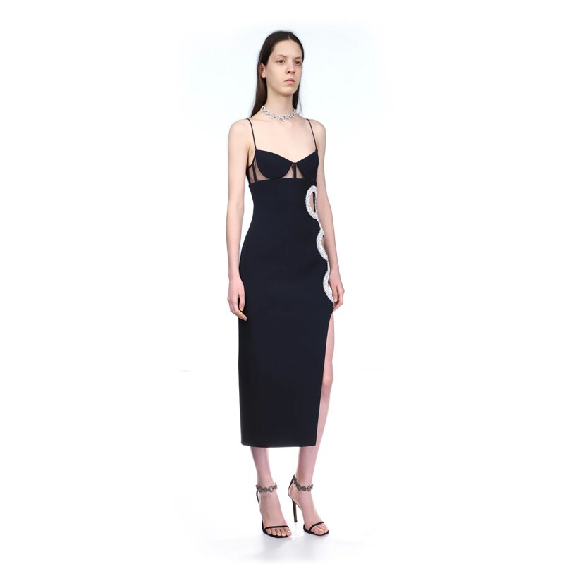 Women's Black Spaghetti Strap V Neck Hollow Out Diamond Sexy Evening Celebrity Cocktail Party Bandage Dress