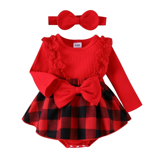 Ugly Sweater Party - Baby girl Christmas style pit stripe splicing lace plaid triangle bag fart jacket set