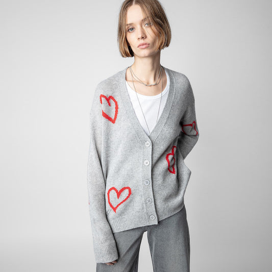 A niche cardigan with a red heart jacquard hem and a split V-neck knit sweater for women