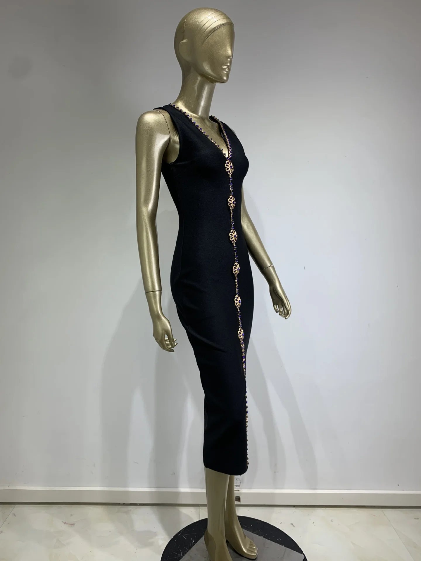 Black strap blue diamond inlaid mid size dress