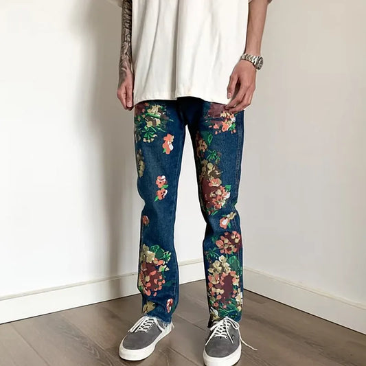 Style hand-painted floral graffiti fringed. small-fitted straight leg men's trendy jeans