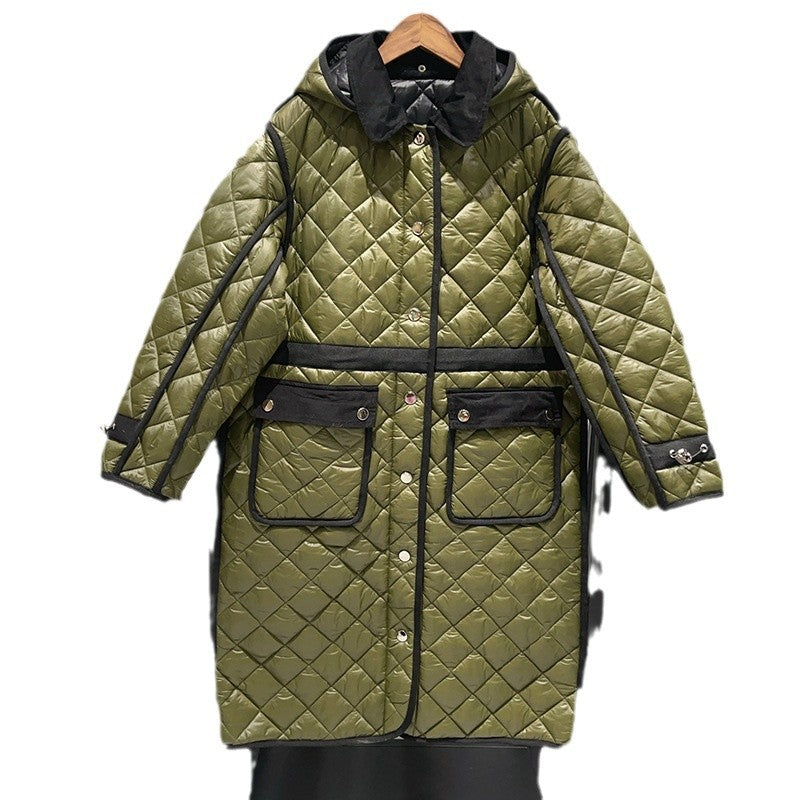 Autumn and winter grid quilted sleeves hooded lightweight jacket