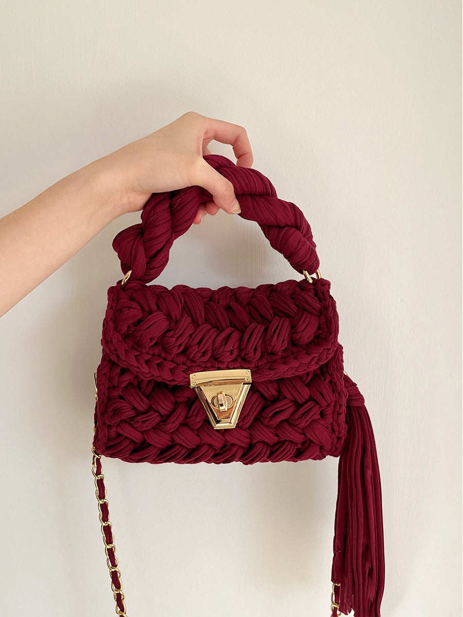 Hand woven bag crochet bag shoulder bag women's Fried Dough Twists portable tassel bag