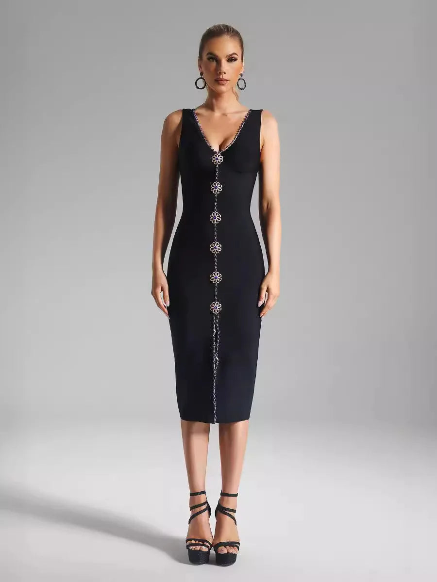 Black strap blue diamond inlaid mid size dress