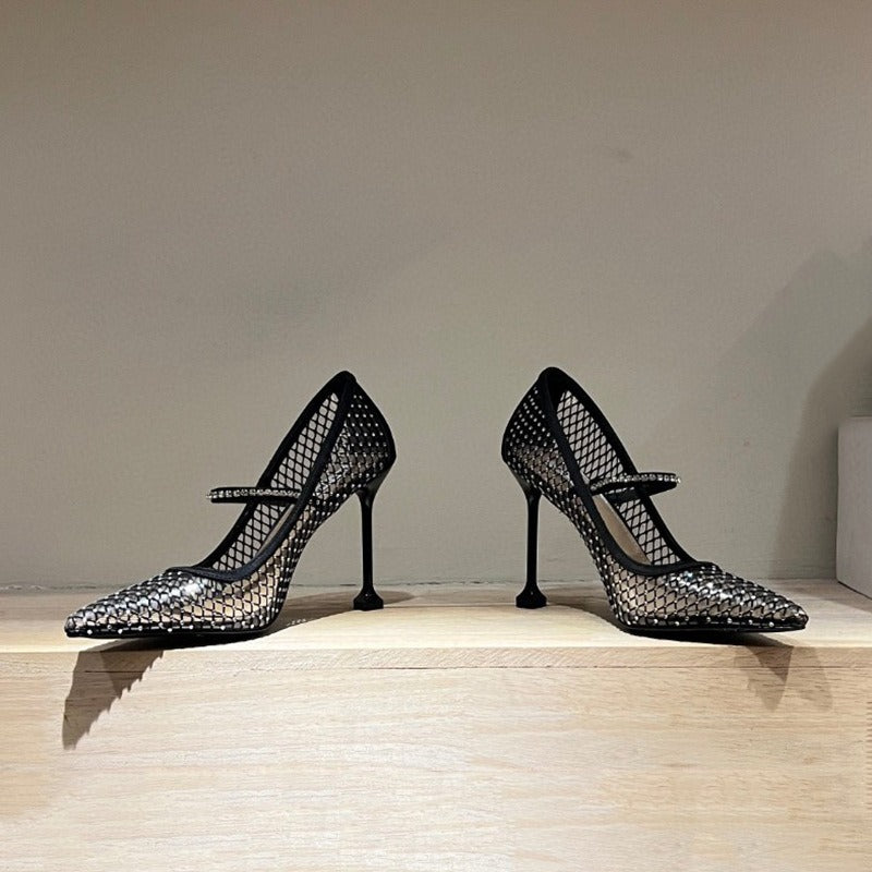 New Pointed Super High Heels Water Diamond Mesh