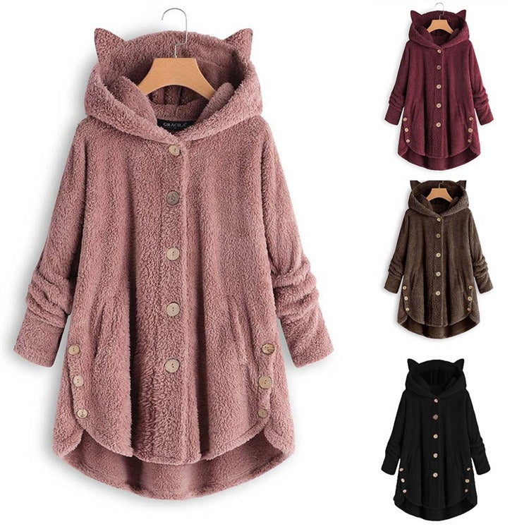 Autumn And Winter Button Hooded Cat Ear Plush Coat Irregular Fashion Brand Solid Color Coat Women