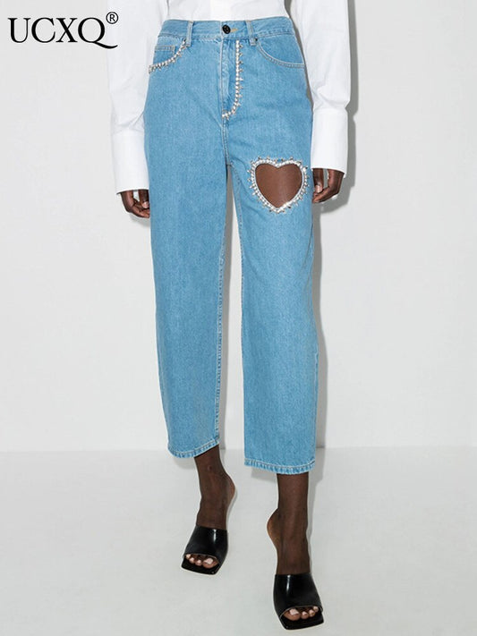 Valentine's Day Hollow Out Heart Shaped Jeans. Style: Straight Leg