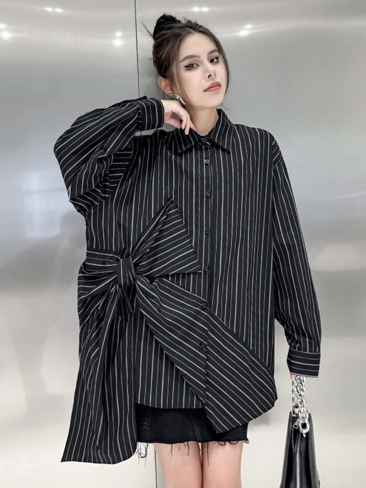 Fashion Women's Black Striped Shirt Lapel Loose Single Breasted Bow Irregular Long Sleeves Blouse Autumn  New