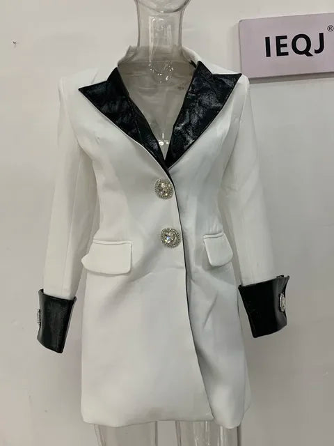 PU Leather Stitched Costume Diamond Button Full Sleeve Blazer