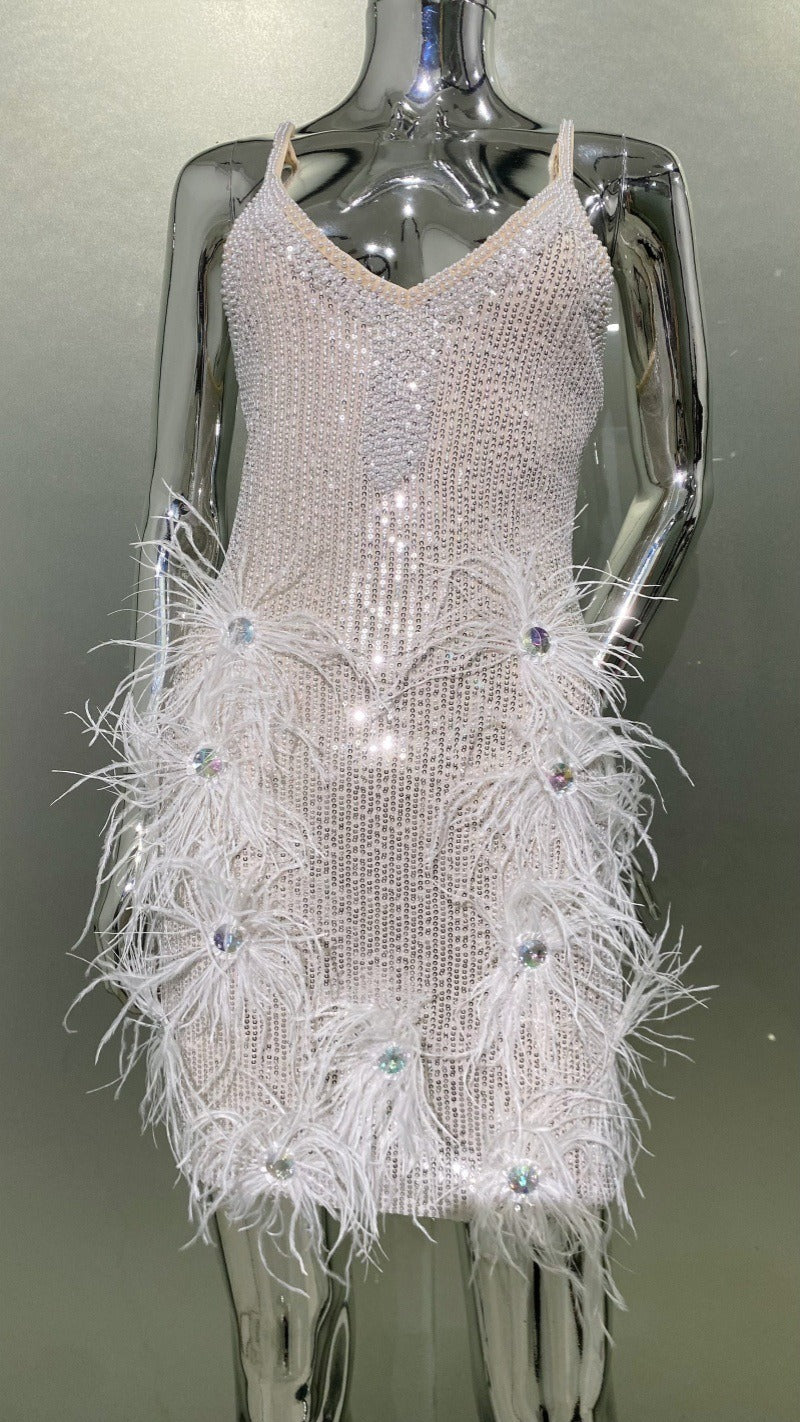 sparkling diamond feather low-cut sequin suspender dress