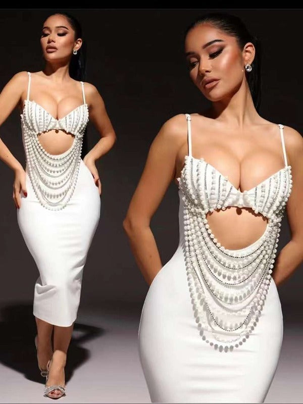 Sexy suspender heavy-duty beaded diamond chain front hollow hip-covering bandage skirt dress