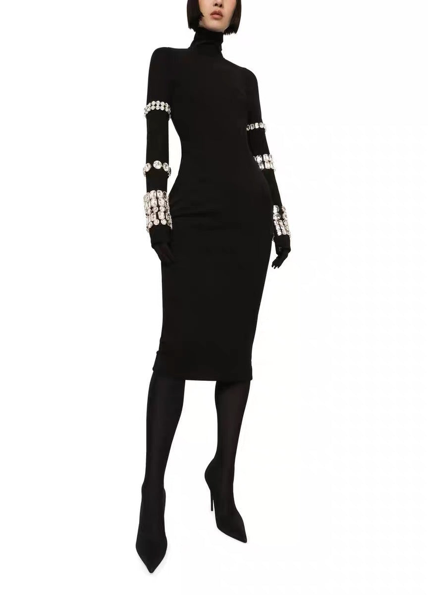 2025 Diamond black high neck long sleeved tight fitting dress