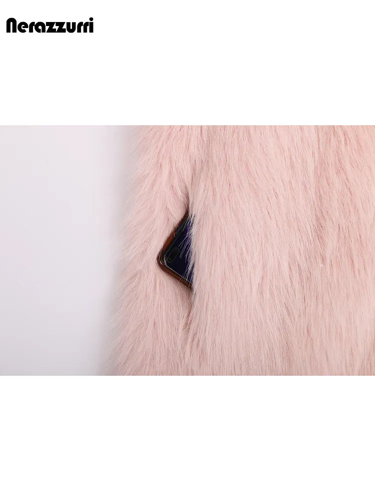 Nerazzurri Winter Long Oversized Pink Hairy Thick Warm Soft Faux Fur Coat Women Sashes High Quality Loose Casual Furry Overcoat