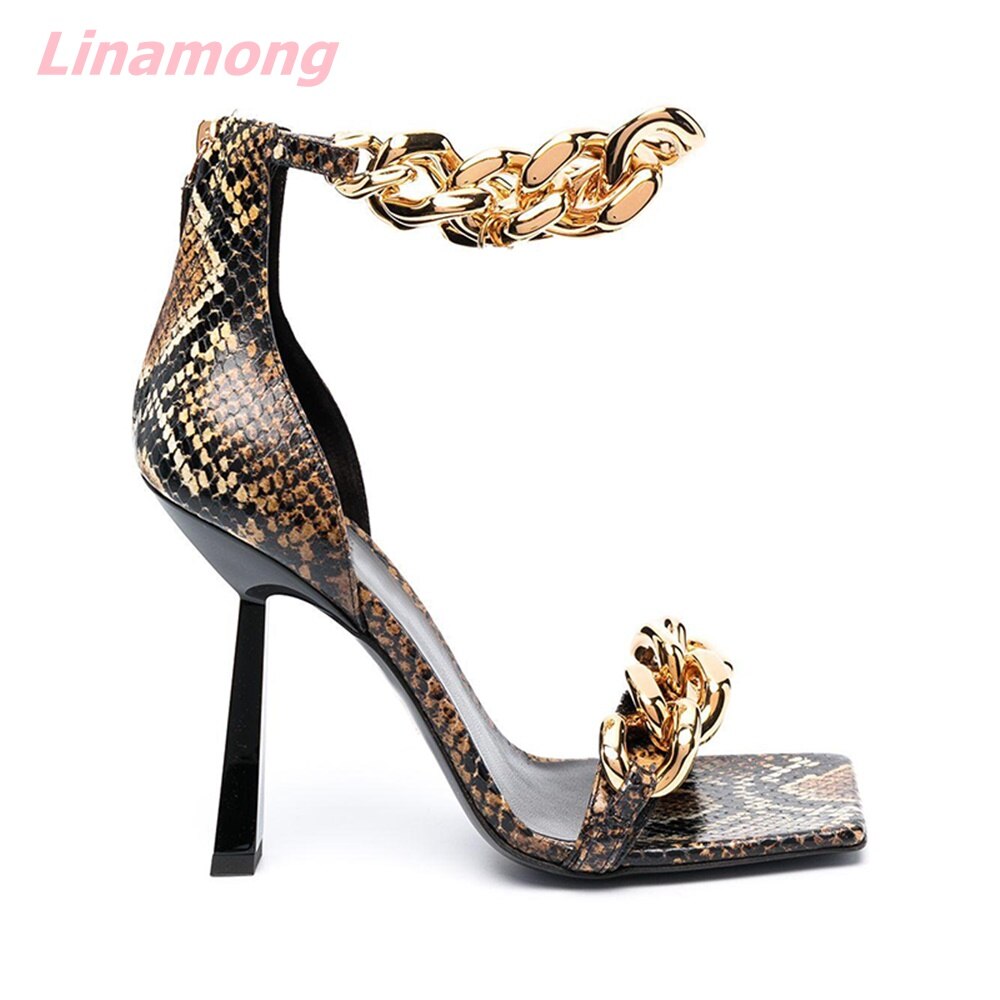 Metal Chain Women Sandals. Square Toe Faux Leather. Solid Novelty Casual Women Party Shoe