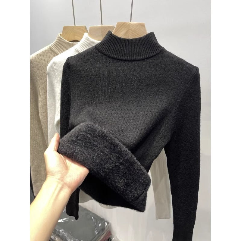 Thickened semi high neck sweater for women's autumn and winter new style with added velvet insulation and solid color versatile base knit sweater