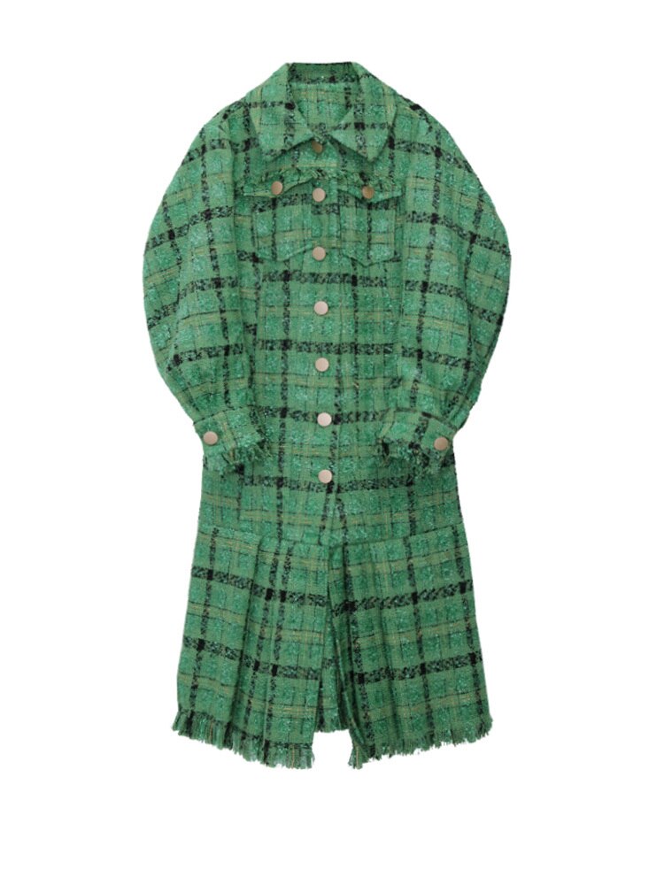 Loose Fit Green Plaid Pleated Elegant Woolen Coat Parkas New Long Sleeve Women Fashion Autumn Winter