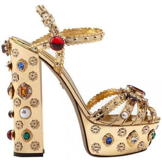 Gold Sandals Crystal Pearl Decor Platform Heels Chunky Heel. Luxury Colorful Open Toe