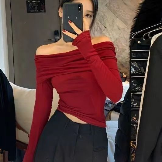 Off shoulder collarbone long sleeved one shoulder knitted sweater women's one neck base shirt outerwear