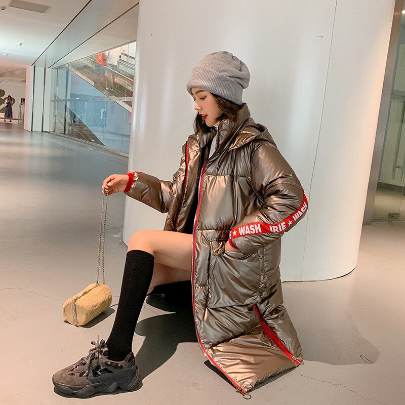 Fashion Metal Golden Silver Bright Hooded Jacket Coat Women's Winter Warm Cotton Padded Long Parkas New Bomber Streetwear Parka