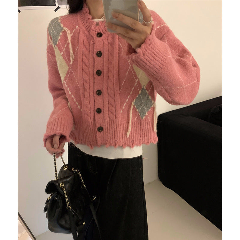 2025 Gender Fluid Edition - Tassel knit cardigan contrasting diamond grid sweater jacket