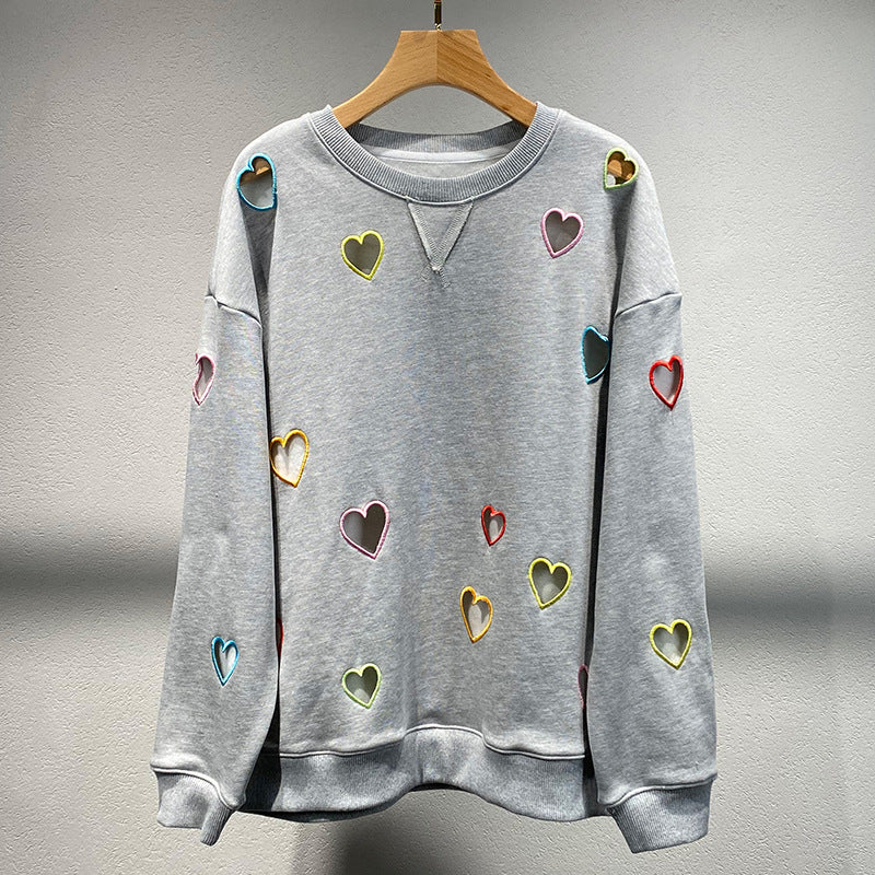 Small niche autumn and winter new grey round neck hollow out heart embroidered long sleeved hoodie for women