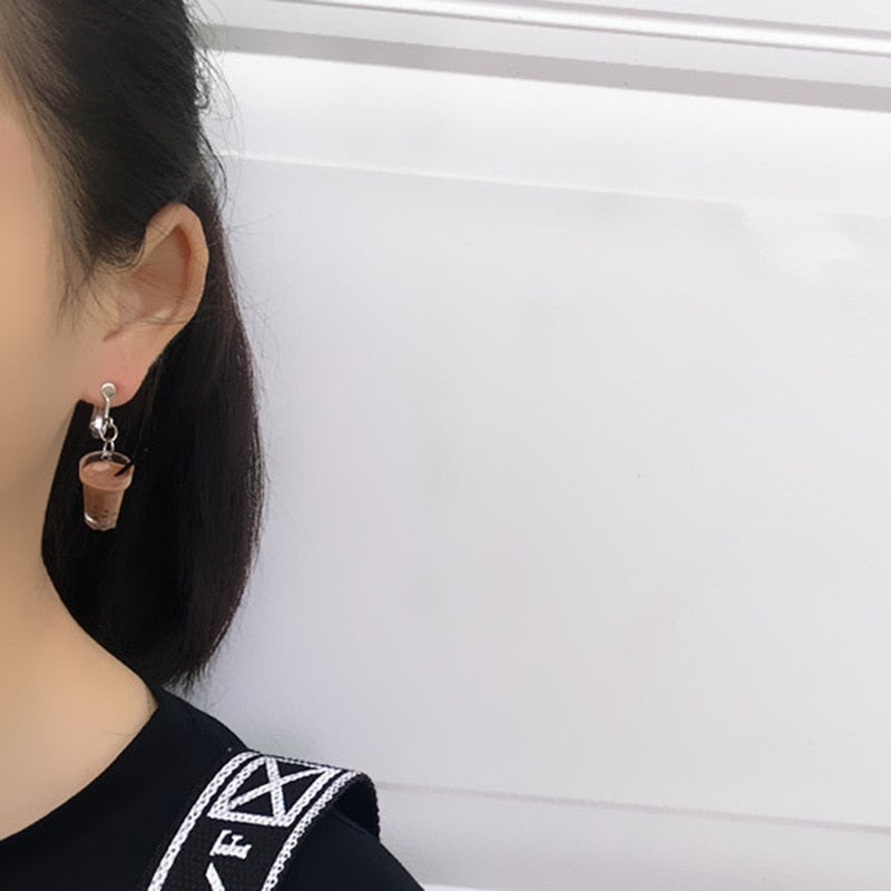 Unique Bubble Tea Drop Earrings Personality Resin Milk Tea Drink Earring for Girl Funny Party Jewelry