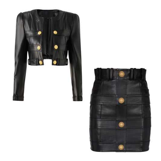 PU leather splicing small round neck shoulder pad cardigan high street style small jacket top temperament small jacket