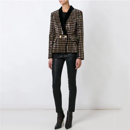 Autumn New Women's Poplin Lapel Blazer Big Brand High Quality Fashion Retro Slim Fit Hit Color Heavy Work Diamond Plaid Top