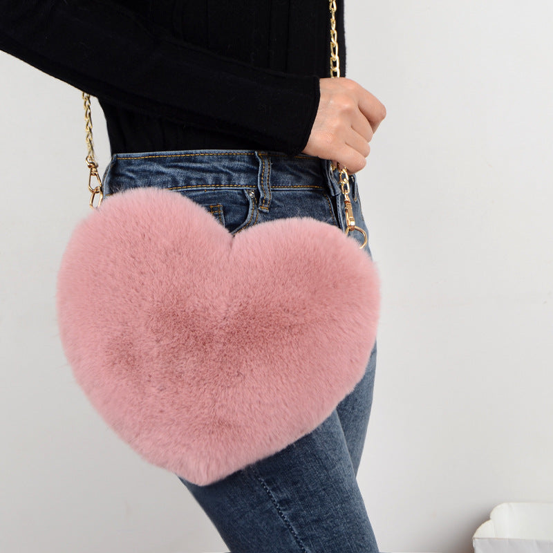 Fashion love heart bag peach heart bag women's chain messenger bag plush shoulder furry bag coin purse