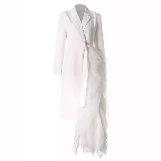 Autumn niche asymmetrical suit dress spliced mesh high-end party dress long coat