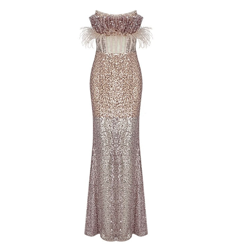 New Apricot Pink Tube Top Mesh Sequin Long Skirt Evening Dress Goddess Toast Party Dress