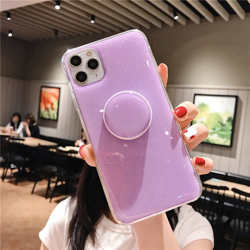 Candy Color Stand Holder Phone Case For iPhone 12 11 13 Pro Max XR XS Max X 6S 7 8 Plus 12 13 Pro Glitter Love Heart Back Cover