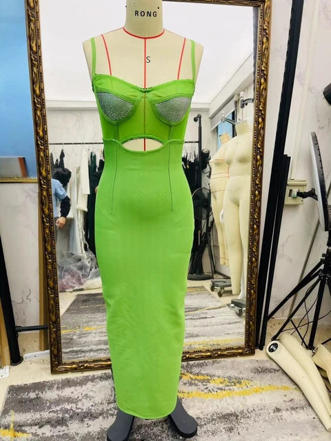 Slim fitting bandage dress sexy sleeveless diamond hollow women's long dress