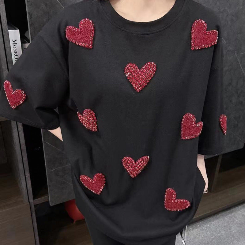 European goods heavy industry velvet inlaid diamond heart short sleeved T-shirt women's creative design base shirt top