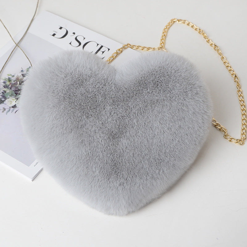 Fashion love heart bag peach heart bag women's chain messenger bag plush shoulder furry bag coin purse