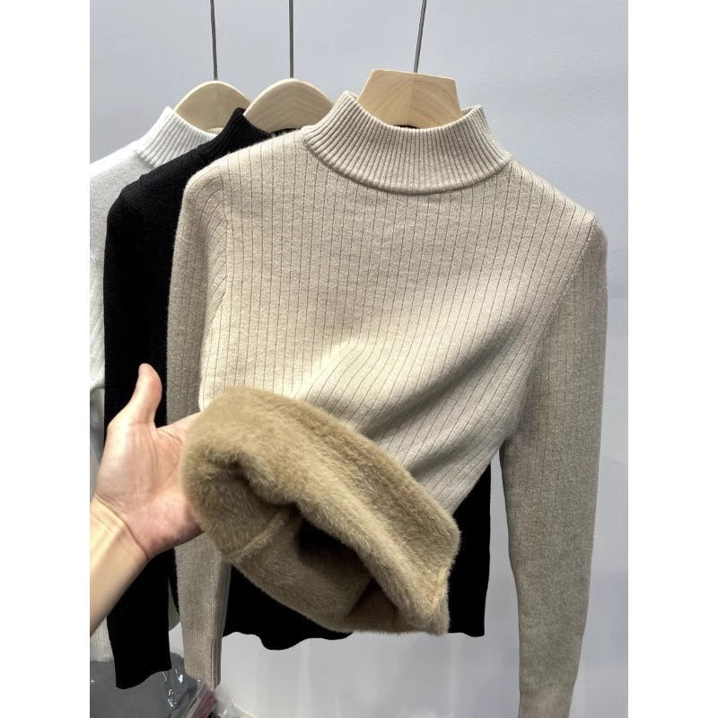 Thickened semi high neck sweater for women's autumn and winter new style with added velvet insulation and solid color versatile base knit sweater