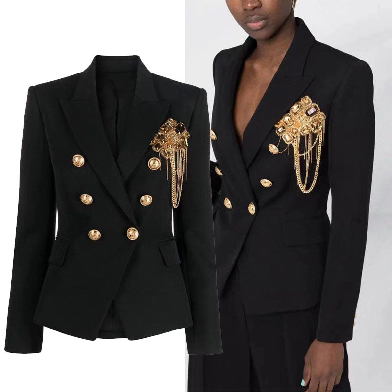 Autumn Winter Embellished Blazers Double Breasted High Quality